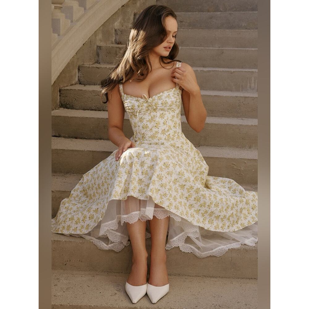 House of CB Rosalee White Vintage Floral Print Cotton Bustier Sundress XS - Picture 6 of 12